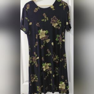 Floral Short Sleeve Swing Dress - Navy with Green & Cream Flowers